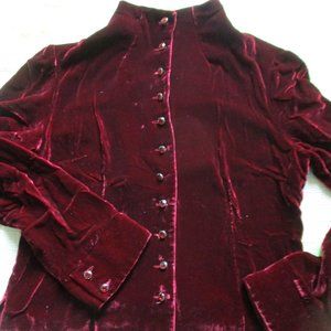 Victorian/Edwardian Maroon/Wine Silk Velvet Button-Up Long Sleeve Top  Talbots
